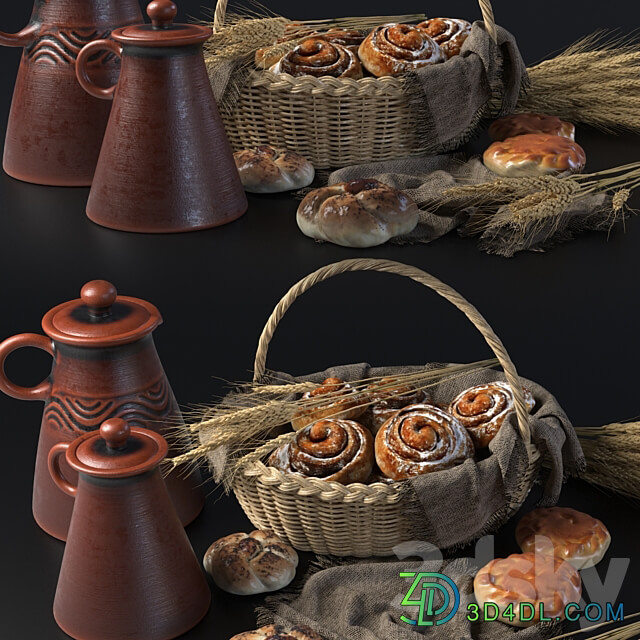 Composition with buns in a wicker basket