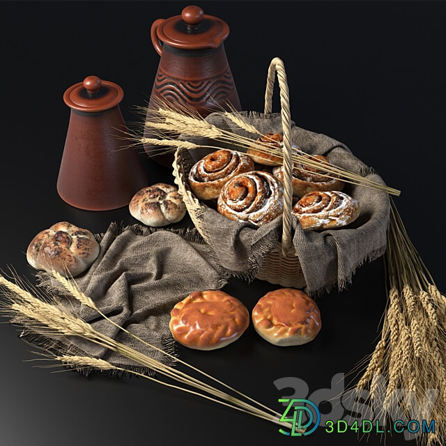 Composition with buns in a wicker basket