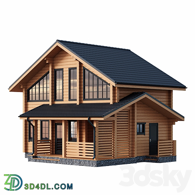 Two storey wooden house with a porch