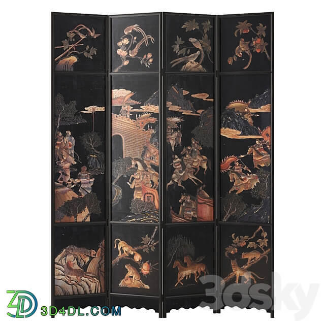 Other Chinese Four Panel Lacquered Coromandel Panel Screen