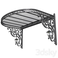 Awning over the porch. A visor over the front door. Wrought iron Сanopy 