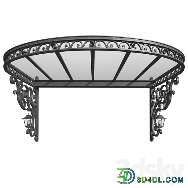 Awning over the porch. A visor over the front door. Wrought iron Сanopy