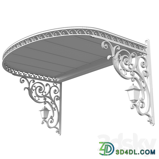 Awning over the porch. A visor over the front door. Wrought iron Сanopy