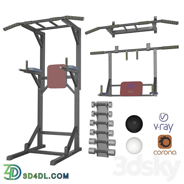 Wall horizontal bar horizontal bar 3 in 1 and Dumbbells 3D Models