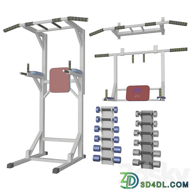 Wall horizontal bar horizontal bar 3 in 1 and Dumbbells 3D Models