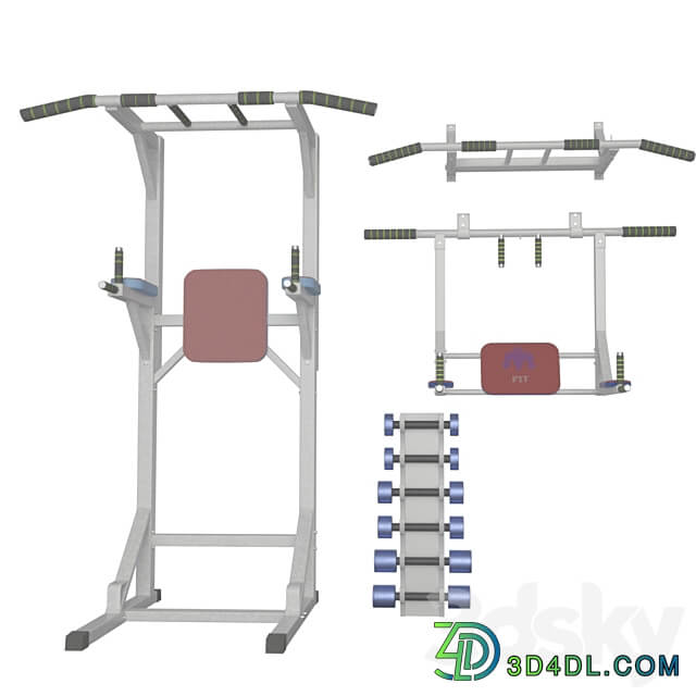 Wall horizontal bar horizontal bar 3 in 1 and Dumbbells 3D Models