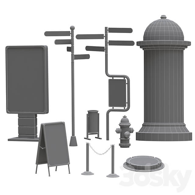 Collection of elements for filling the street low poly PBR 3D Models