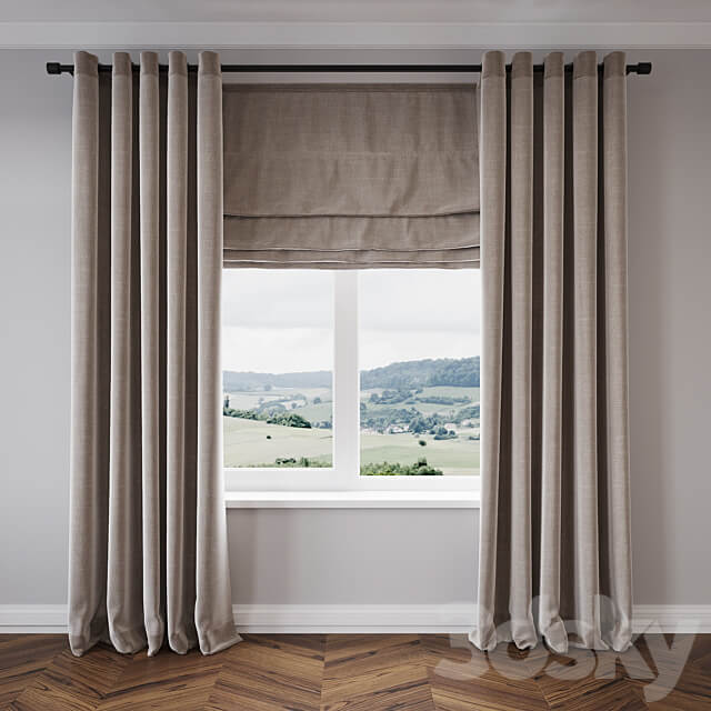 Eyelet curtain with roman shade 3D Models