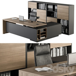 Manager Desk and Library Wood and Black Office Furniture 273 3D Models 
