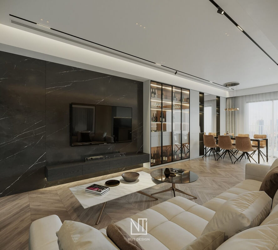  3D Living Room - Kitchen Interior By Nguyen Ngoc Tung