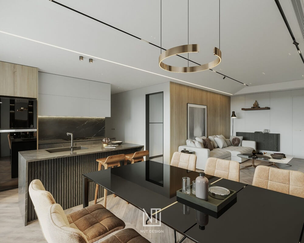  3D Living Room - Kitchen Interior By Nguyen Ngoc Tung