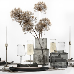 Table service 24. Dried flower bouquet hogweed branches cutlery glass sparkling wine luxury decor eco design vase 3D Models 