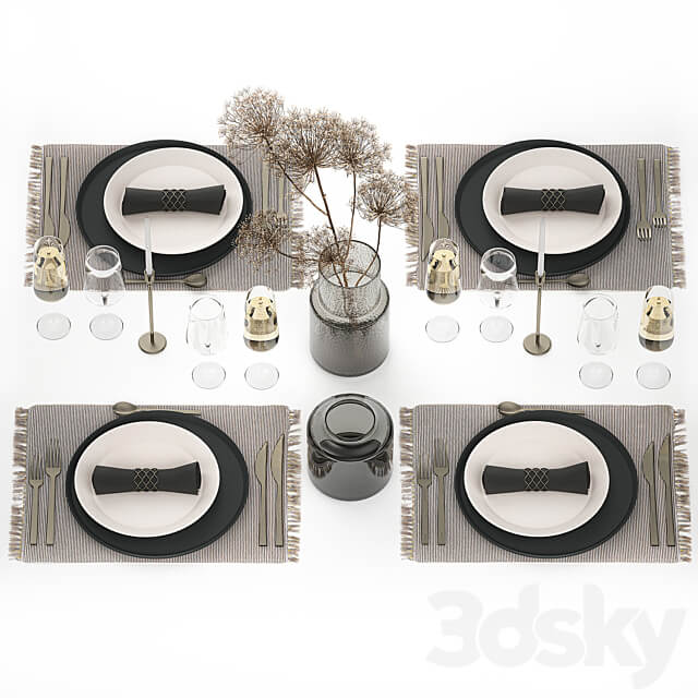 Table service 24. Dried flower bouquet hogweed branches cutlery glass sparkling wine luxury decor eco design vase 3D Models