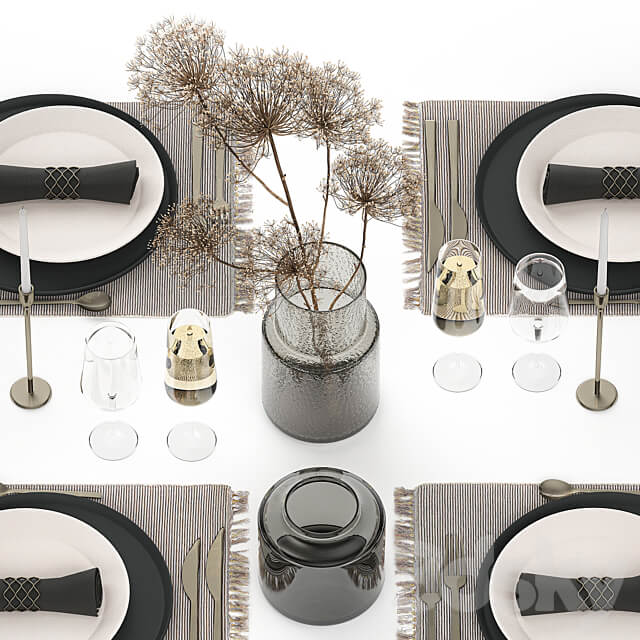 Table service 24. Dried flower bouquet hogweed branches cutlery glass sparkling wine luxury decor eco design vase 3D Models