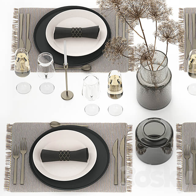 Table service 24. Dried flower bouquet hogweed branches cutlery glass sparkling wine luxury decor eco design vase 3D Models