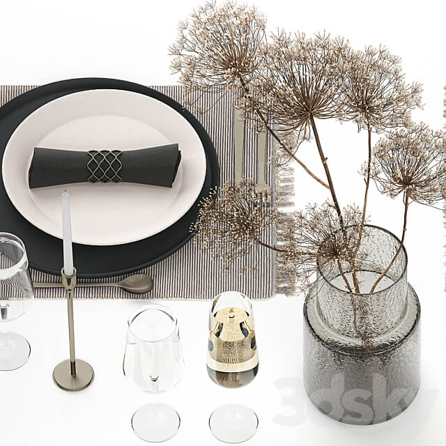 Table service 24. Dried flower bouquet hogweed branches cutlery glass sparkling wine luxury decor eco design vase 3D Models