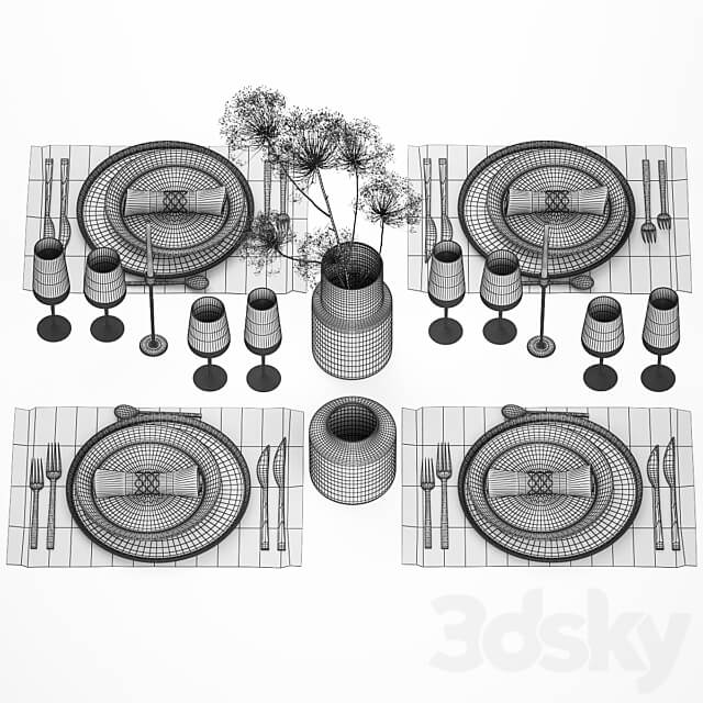 Table service 24. Dried flower bouquet hogweed branches cutlery glass sparkling wine luxury decor eco design vase 3D Models