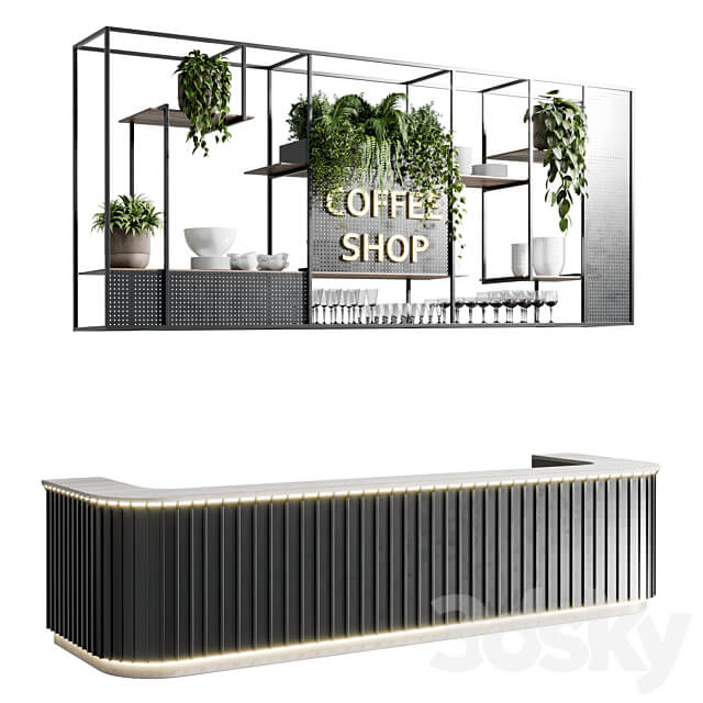 Coffee shop reception Restaurant counter by hanging plant 02 3D Models