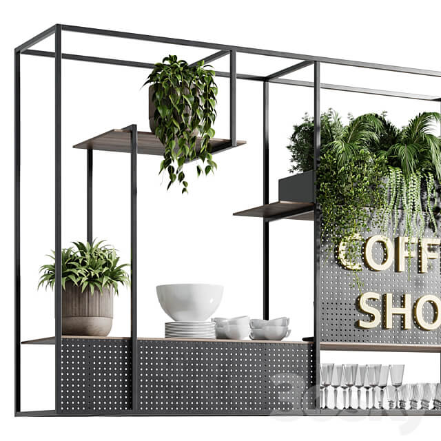 Coffee shop reception Restaurant counter by hanging plant 02 3D Models