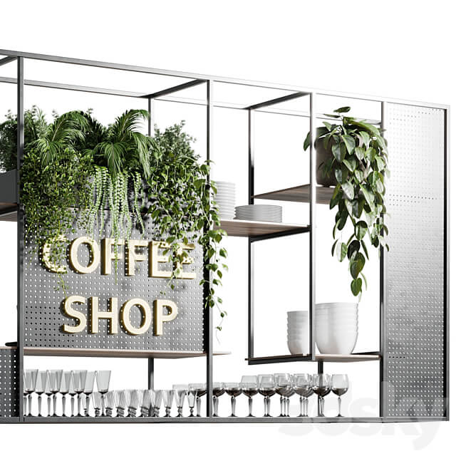 Coffee shop reception Restaurant counter by hanging plant 02 3D Models