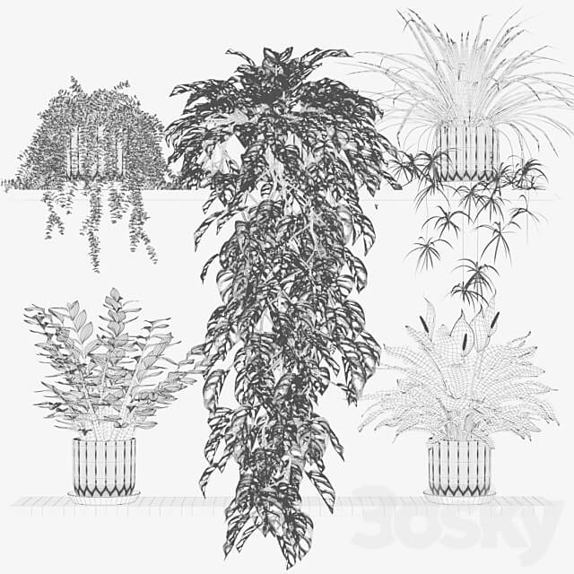 Plants on a shelf in ribbed pots 3D Models