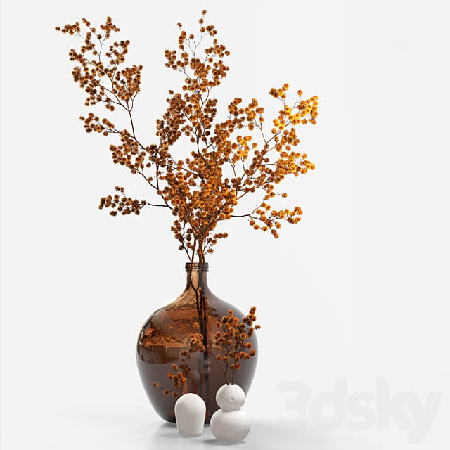 Dried flower branch in a large brown jar 3D Models