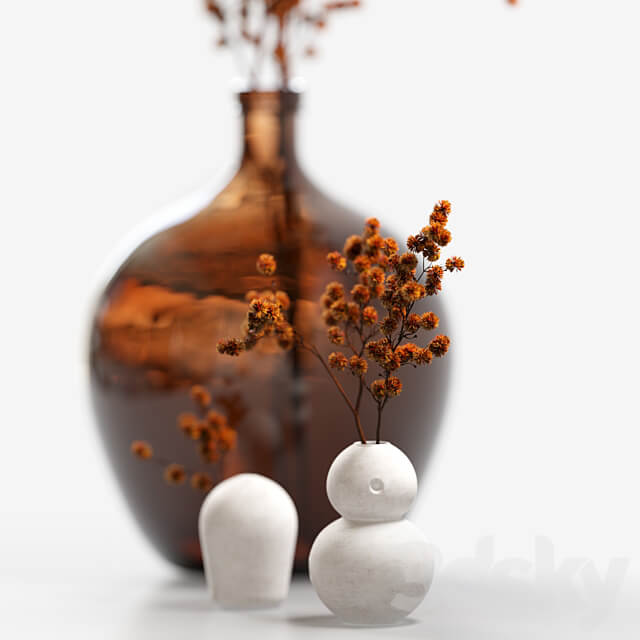 Dried flower branch in a large brown jar 3D Models