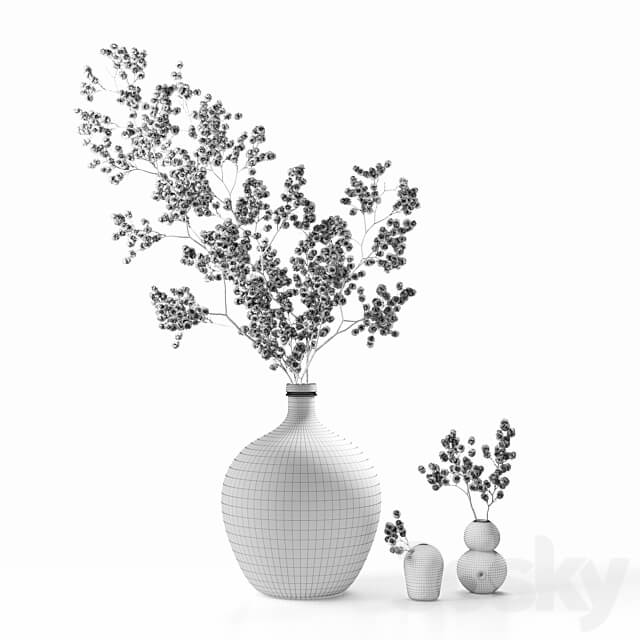 Dried flower branch in a large brown jar 3D Models