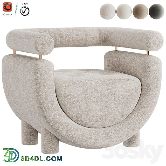 Mel Armchair Wood Brass Beige Jacquard Velvet Pearl Cotton Linen Boucle Fabric 3D Models