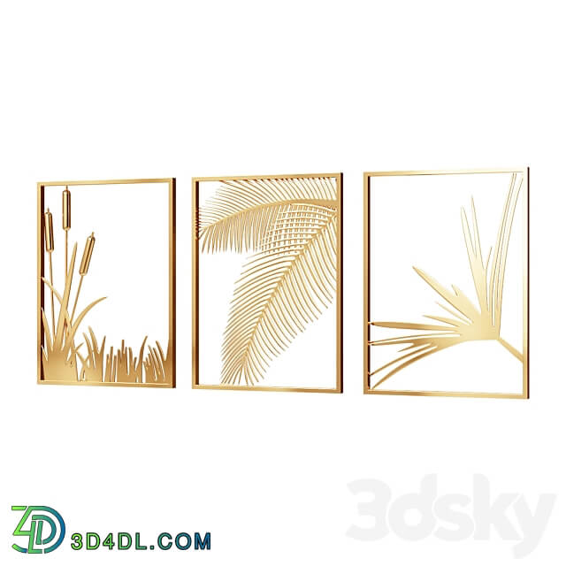 Wall Picture 3 Pieces Modern Gold Metal Wall Decor Plant Art with Rectangle Frame Wall Decor Other decorative objects 3D Models