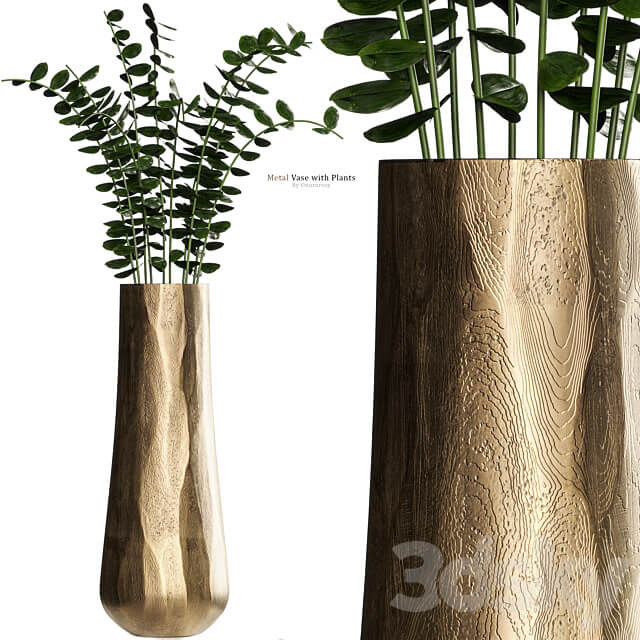 Metal Antiqued Brass Vase with Plant 3D Models