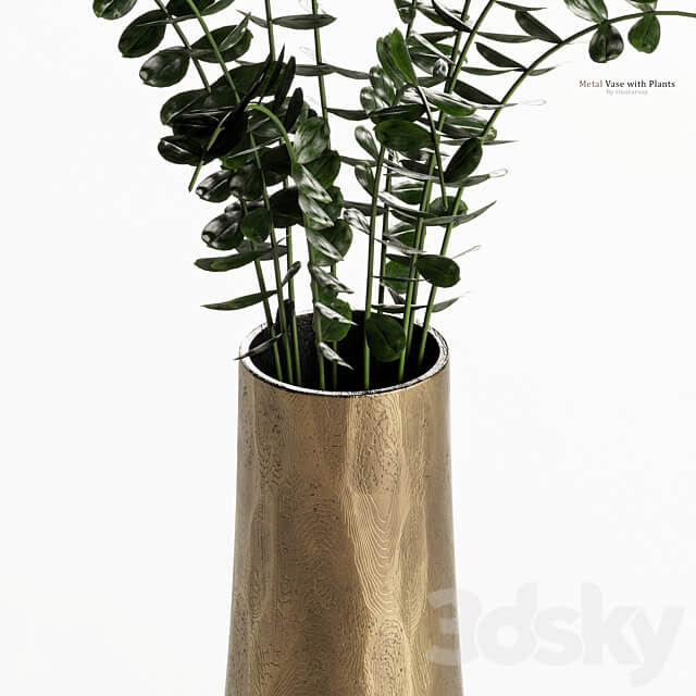 Metal Antiqued Brass Vase with Plant 3D Models