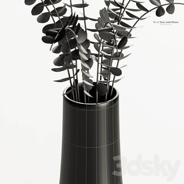 Metal Antiqued Brass Vase with Plant 3D Models
