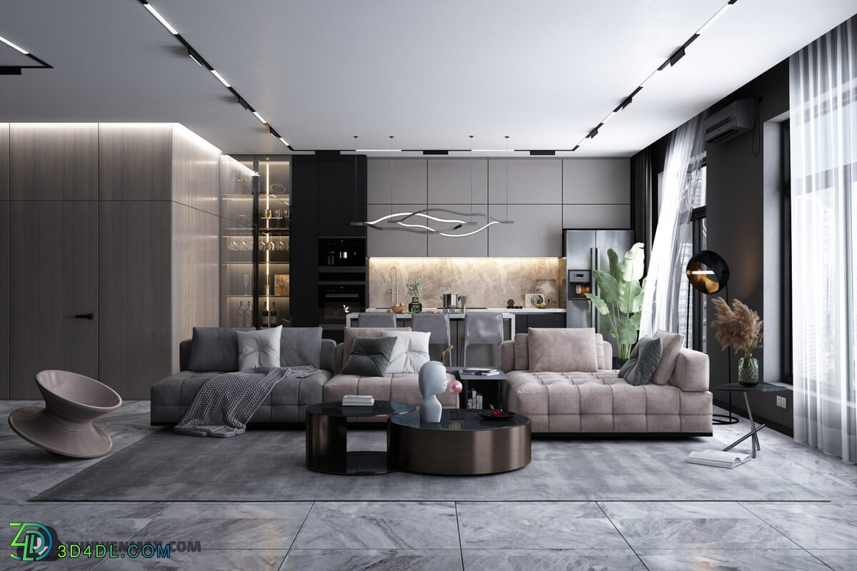 3D Interior Kitchen- Livingroom 87 Scene 3dsmax By HuyHieuLee 