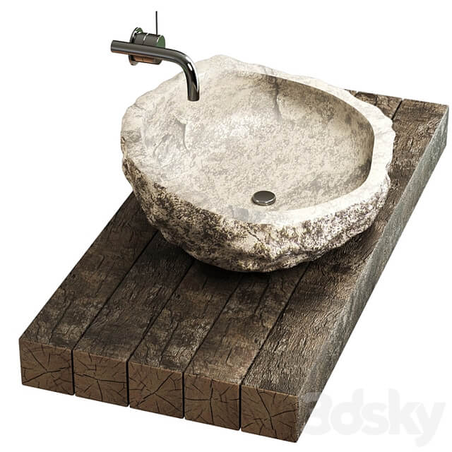 Stone sink on a log countertop