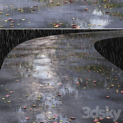 Autumn road with leaves and puddles 