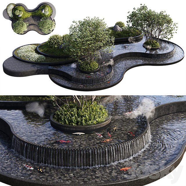 Landscaping Figure with Plants Waterfalls and Fish
