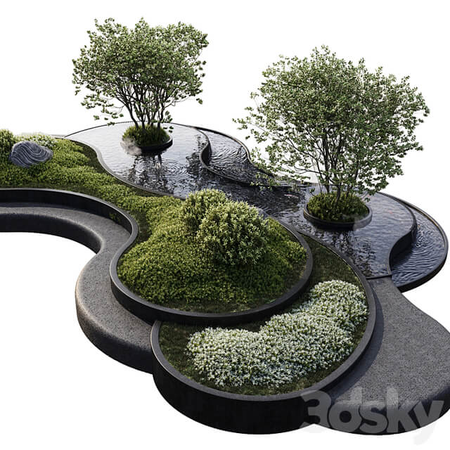Landscaping Figure with Plants Waterfalls and Fish