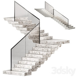 Stairs 3. Stone steps. Metal glass railings. 2 color options marble and concrete. 