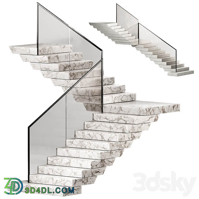 Stairs 3. Stone steps. Metal glass railings. 2 color options marble and concrete.