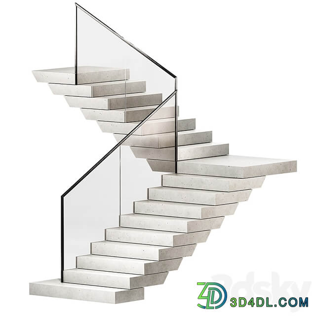 Stairs 3. Stone steps. Metal glass railings. 2 color options marble and concrete.