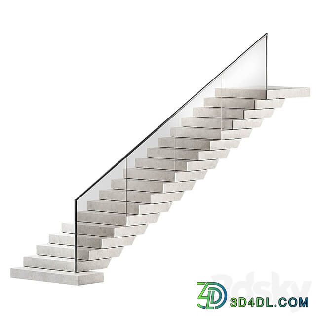 Stairs 3. Stone steps. Metal glass railings. 2 color options marble and concrete.