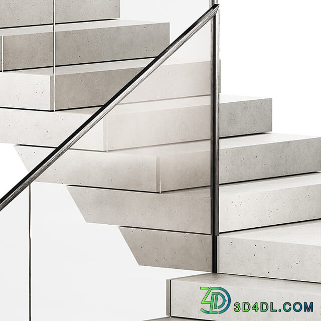 Stairs 3. Stone steps. Metal glass railings. 2 color options marble and concrete.