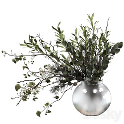 Bouquet of branches with foliage, sprigs of eucalyptus, olive and flowers 