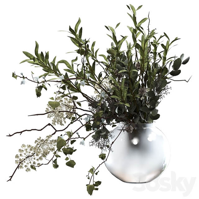 Bouquet of branches with foliage, sprigs of eucalyptus, olive and flowers