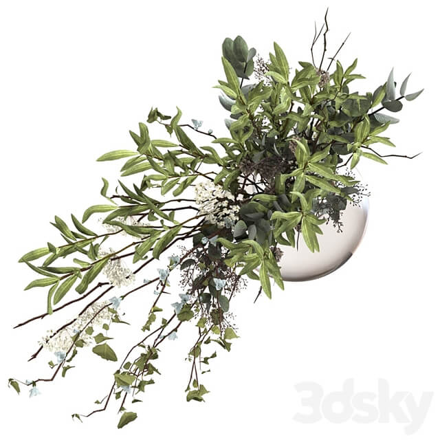 Bouquet of branches with foliage, sprigs of eucalyptus, olive and flowers