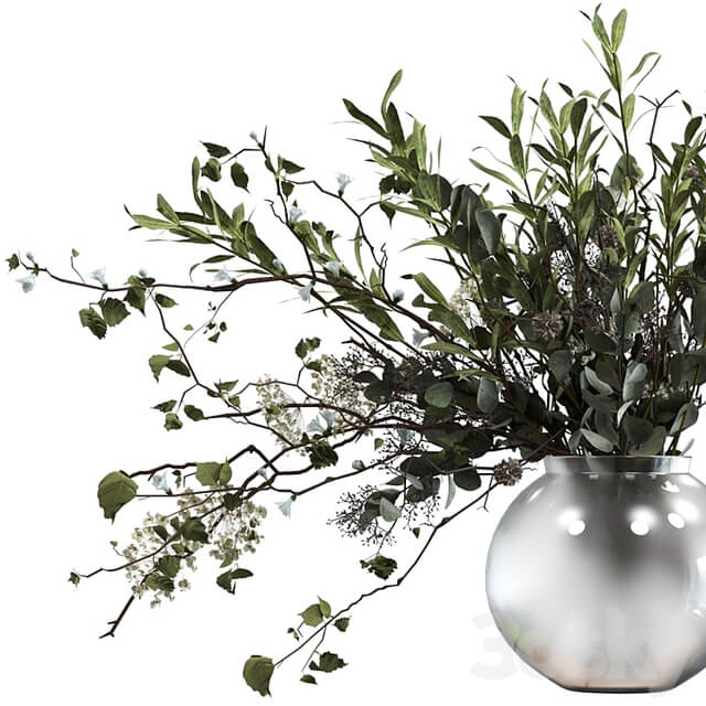 Bouquet of branches with foliage, sprigs of eucalyptus, olive and flowers