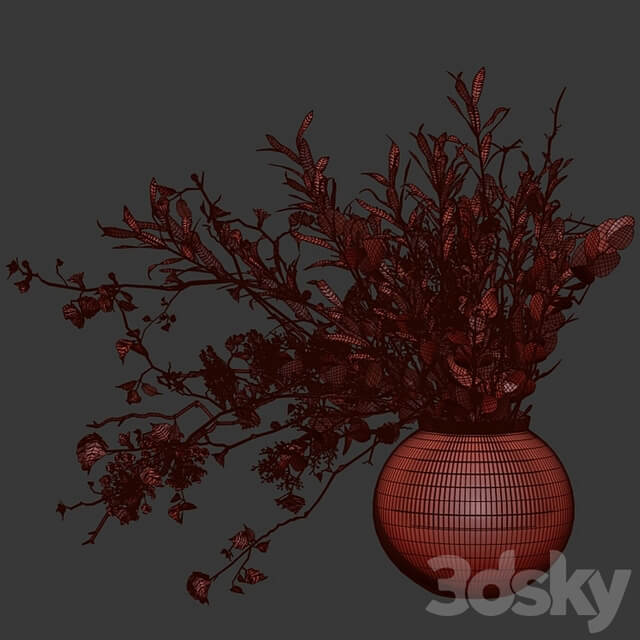 Bouquet of branches with foliage, sprigs of eucalyptus, olive and flowers