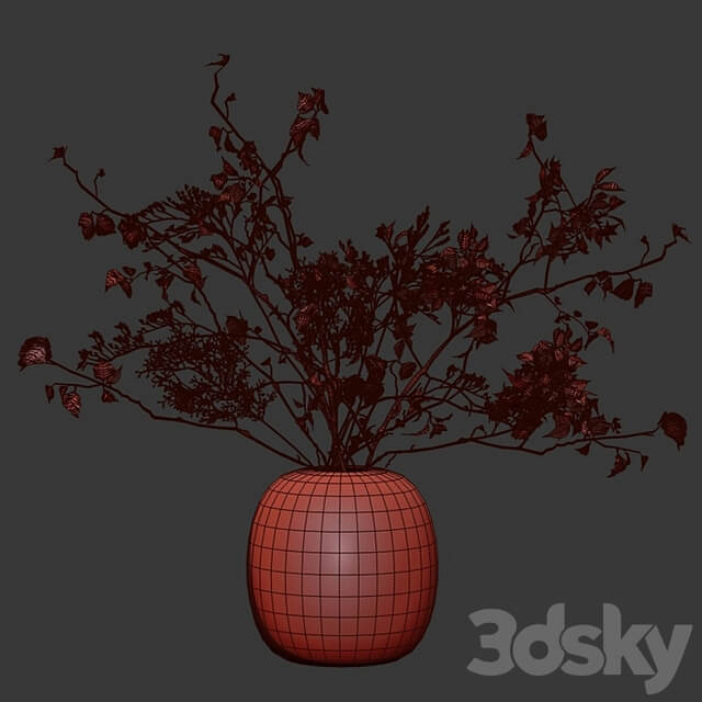 Bouquet of branches in a clay vase