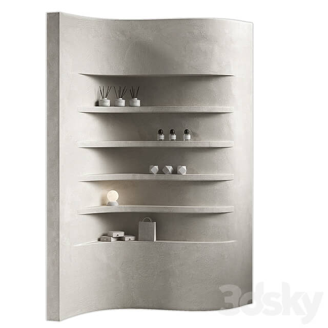 Wavy shelves 3. Rack shelving with decor. Corner wall partitions with niche.